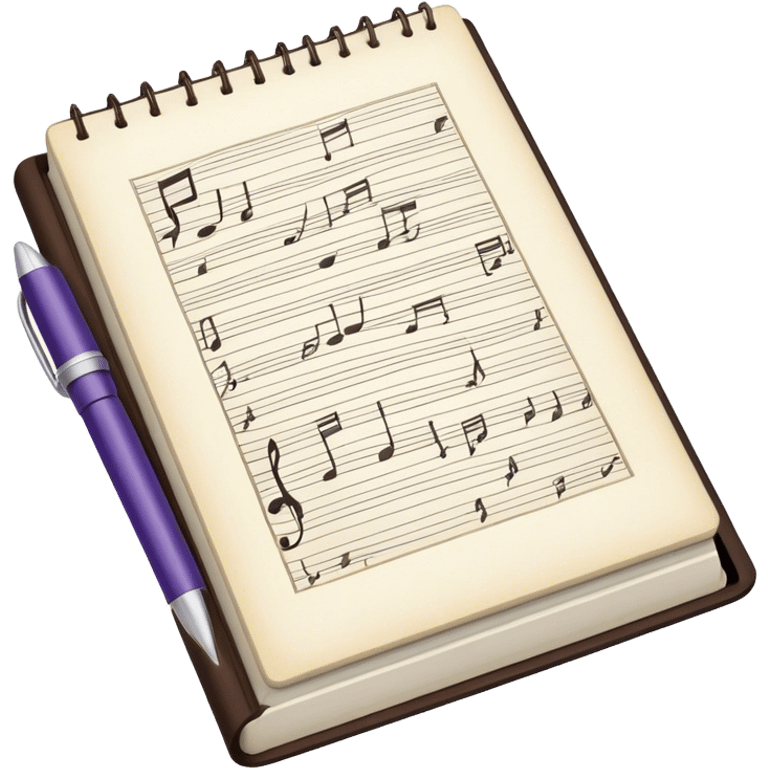 Create an emoji representing songwriting. The design should feature an open notebook or sheet music with visible lyrics and musical notes, symbolizing the process of writing song lyrics. A single pen or pencil should be placed near the notebook, indicating active writing. Use a harmonious color palette with warm and neutral tones. Do not include any emojis or smiley faces. Make the background transparent. emoji