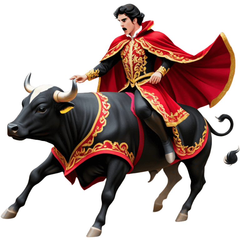 ​Cinematic Realistic Spanish Matador in Action, depicted in an ornate traje de luces with a flowing red cape, captured in the dramatic moment of confronting a charging bull in a traditional bullring, rendered with dynamic motion and dramatic lighting that encapsulates the intensity and artistry of the spectacle, emoji