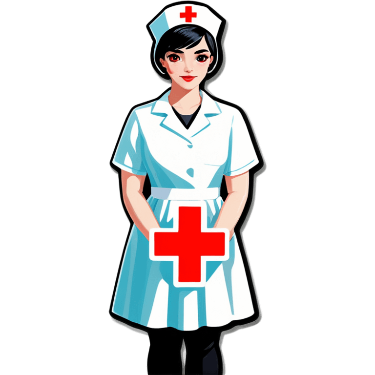 pixie cut black straight hair female nurse with red cross sign hat wearing dress
pale skin color black eyes emoji