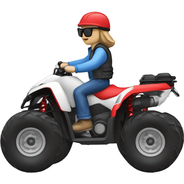 quad bike white with developer with blue jeans, red jacket and sunglasses riding emoji