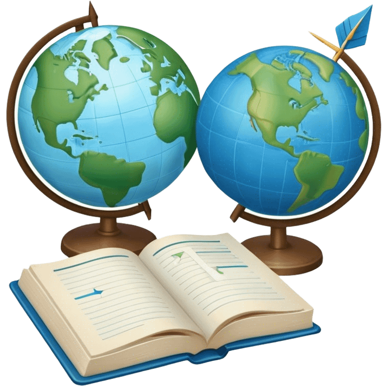 Create an emoji representing language translation. The design should feature a globe in the background, symbolizing international communication. In front of the globe, place two books or sheets of paper with texs on them and a pen nearby to indicate the act of writing. Add two arrows pointing in opposite directions between the sheets to represent the translation process. Use a clean and professional color palette with blues, greens, and neutral tones. Make the background transparent. emoji