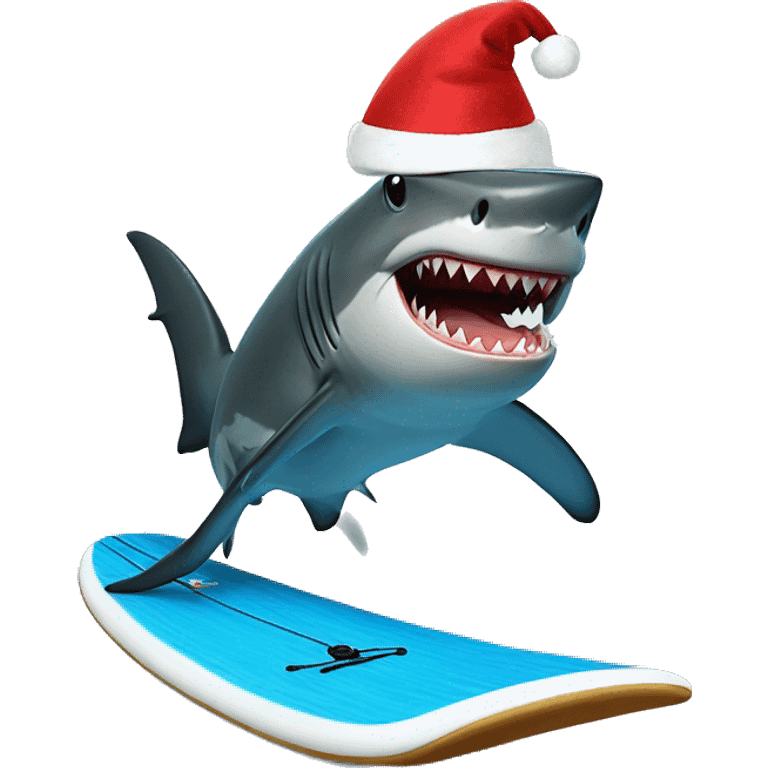 Shark on a surf board wearing Santa hat emoji