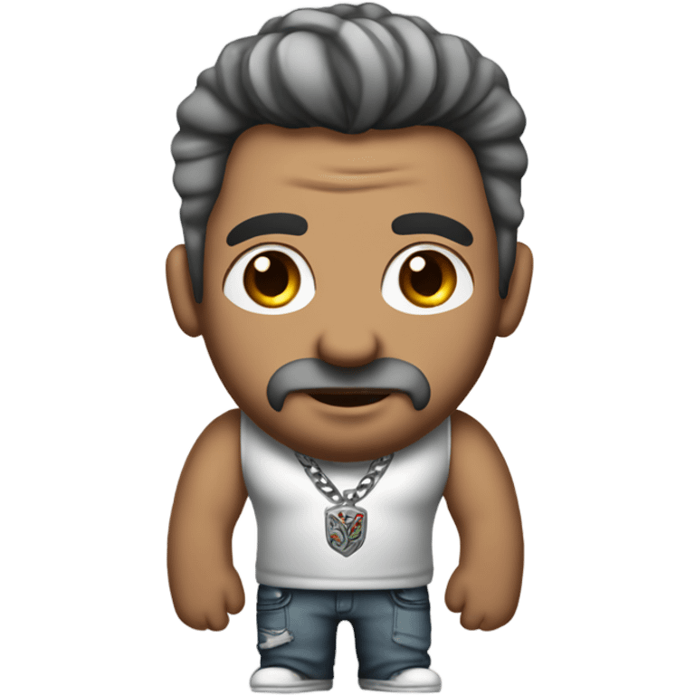 Full body image  of a Man with tattoos, brown hair and grey highlights, thick silver Cuban necklace that has big bug eyes looking  emoji