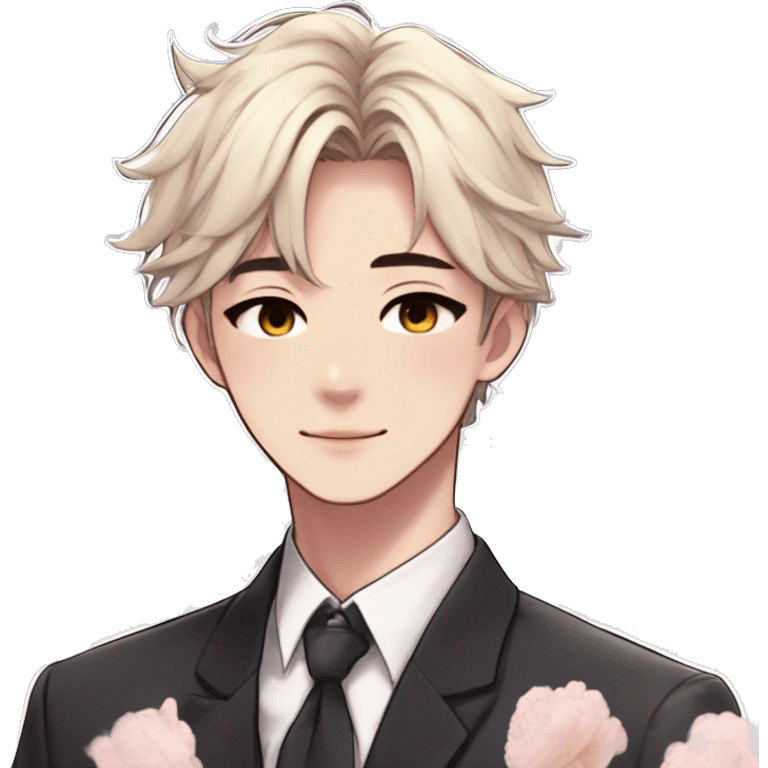 Gorgeous romantic anime style Asian formal modern shojo guy with cat ears and flowers and blushing face aesthetic trending style outside emoji