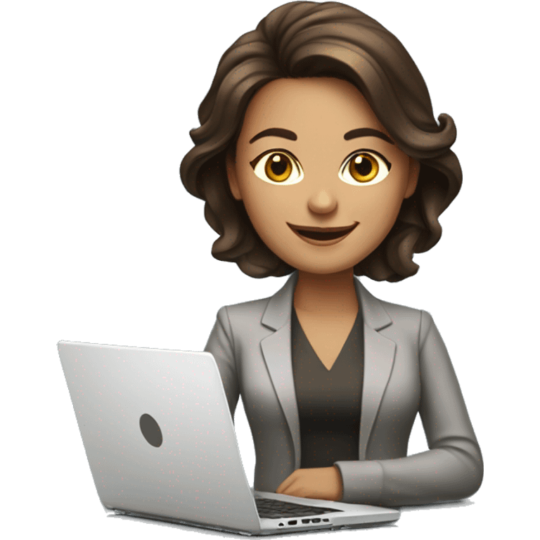 boss lady with laptop, brunette hair, smiling, beautiful and friendly face emoji