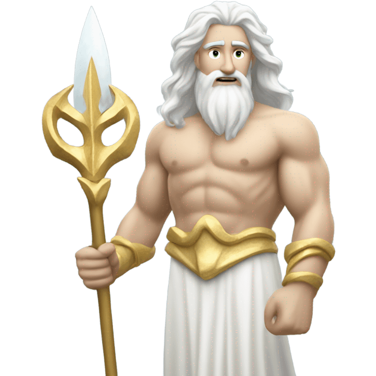 white man Poseidon with gold trident. long white hair white dress watch out emoji