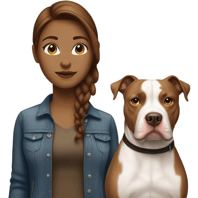 white woman with straight long brown hair alongside a white pitbull emoji