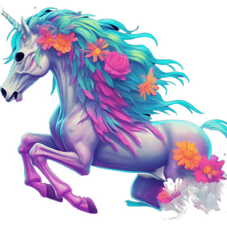 Neon Zombie Pegasus unicorn skeleton psychedelic flowers floral groovy art neon rave raving emoji