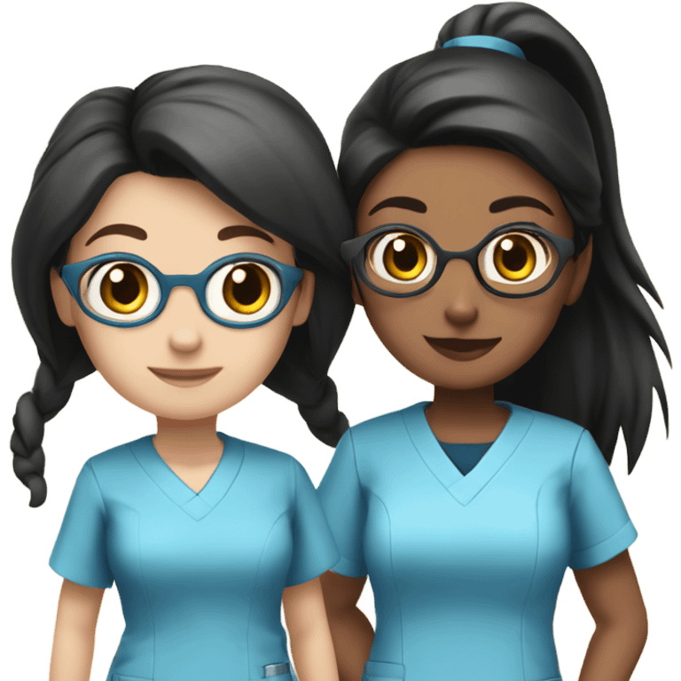 Two Best friend nurses in blue scrubs one girl has glasses with black hair in a pony tail and the other girl has dark brown hair emoji