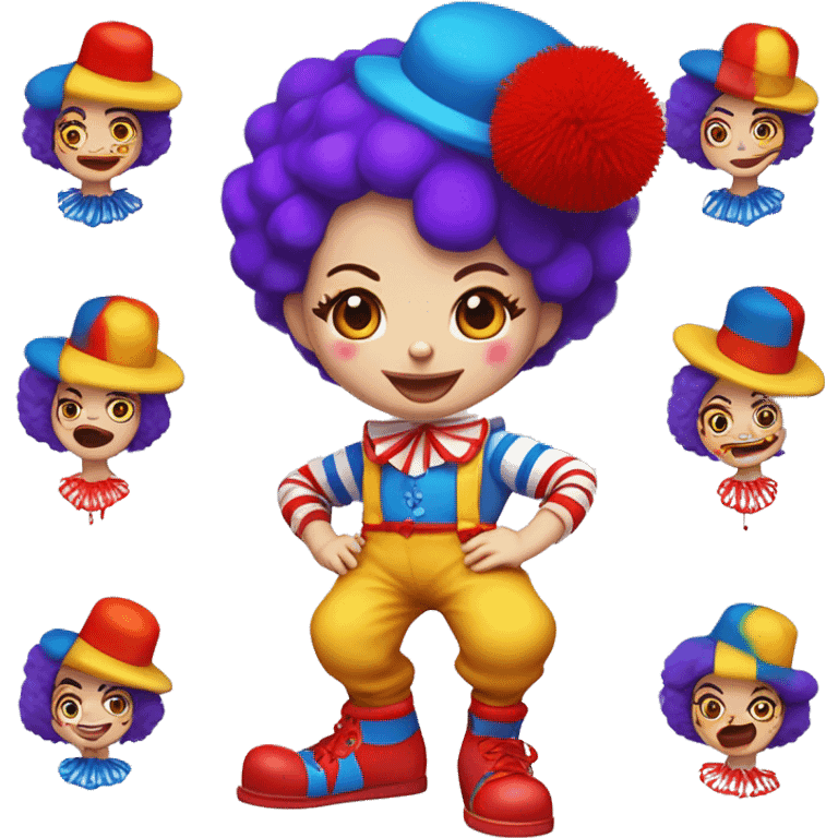 JoJo Tickle (Jojo's circus) female clown white skin, clown red nose, red hair, short hair, blue barret with covered red pompom, yellow shirt with covered paint splatters purple and blue pattern, red pants with orange stripes and white red big shoes emoji