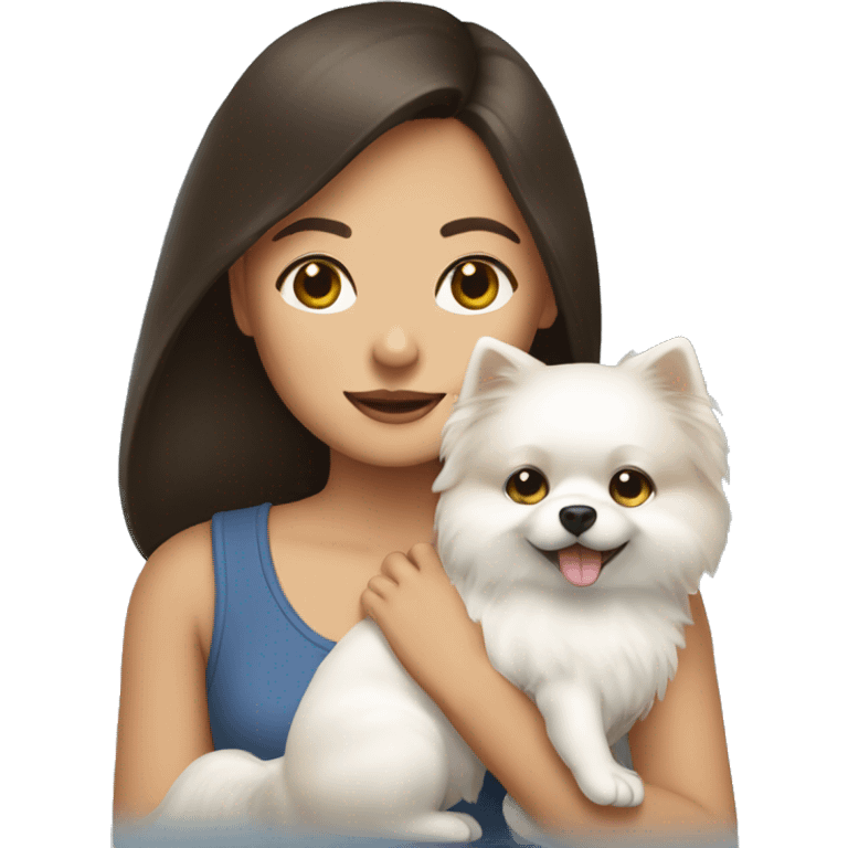 Brunette girl holding a white pomeranian  emoji