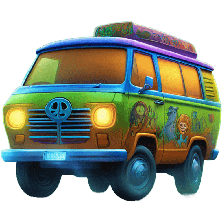 A vibrant semi-realistic depiction of the Scooby-Doo Mystery Machine van speeding through a misty, spooky forest under the moonlight, with glowing headlights and playful psychedelic patterns. emoji