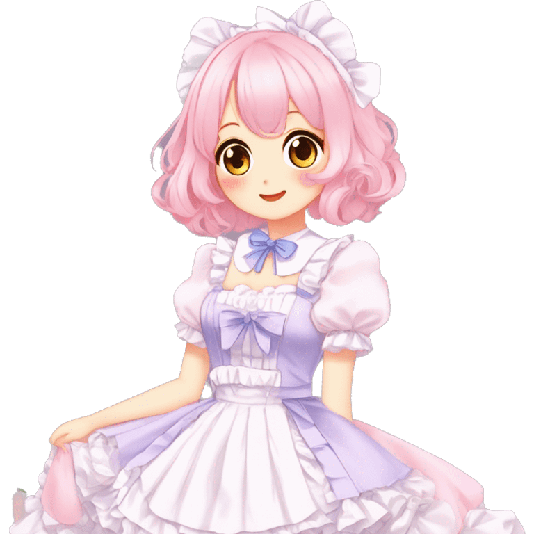 Gorgeous anime style lady blushing face maid outfit Lolita idol model colorful shiny sparkle kawaii pastelcore cottagecore pearly petite simplistic aesthetic trending style emoji