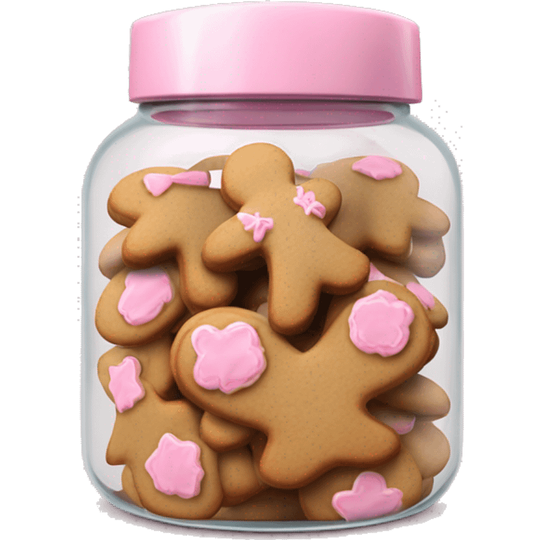 Realistic glass cookie jar with light pink lid full of gingerbread cookies isolated.  emoji