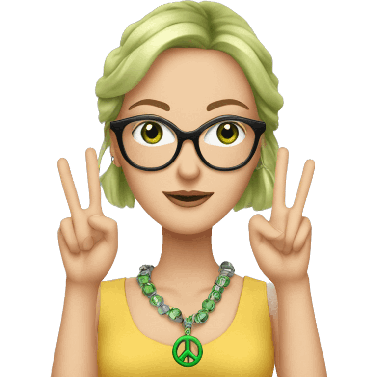 A white women with glasses, and green eyes and doing the peace sign with bracelets around her wrists and fake lashes emoji