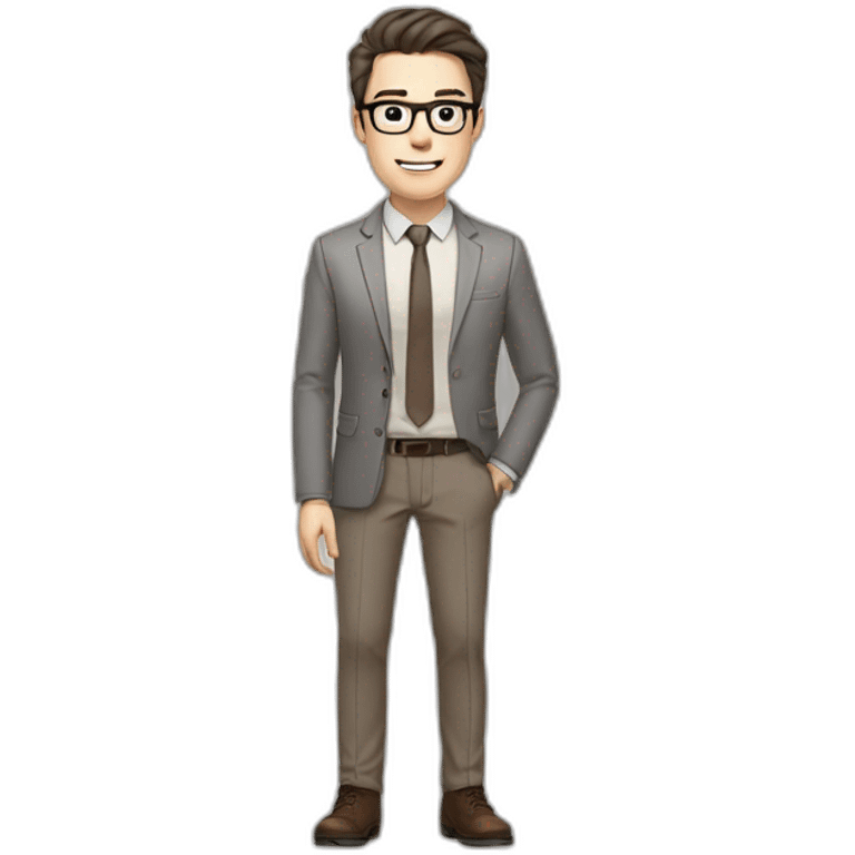 Pale skinned fit man with dark brown hair in gray jacket, beige office shirt, brown tie, brown pants and vintage glasses Writing text on a marker board emoji