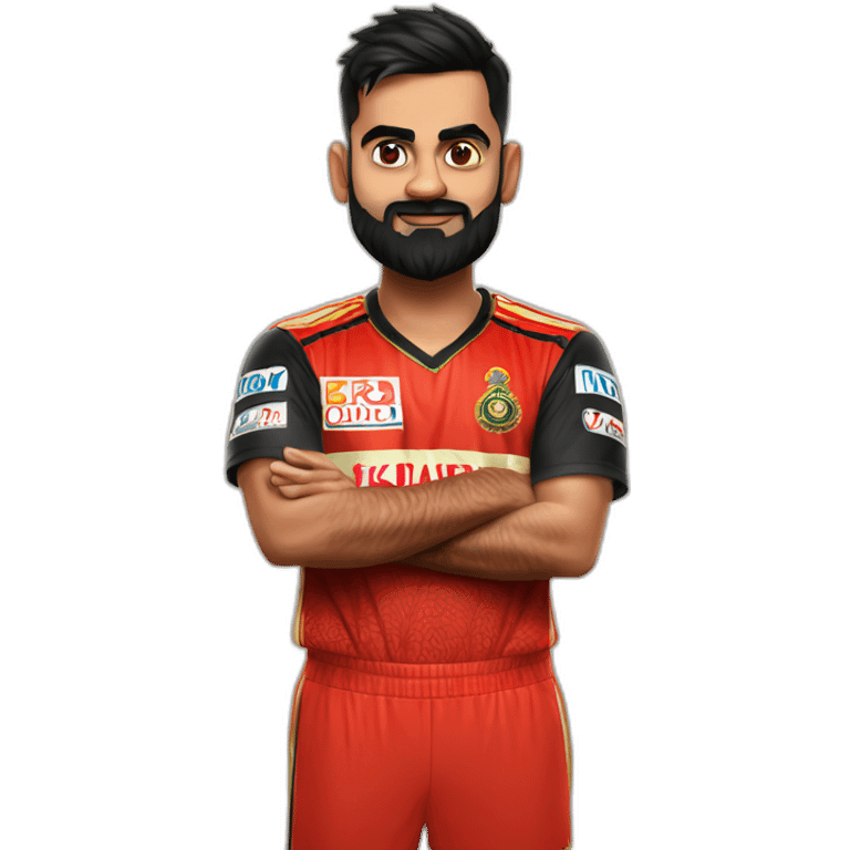 create a virat kohli standing while folding his hands wearing RCB Jeresy emoji