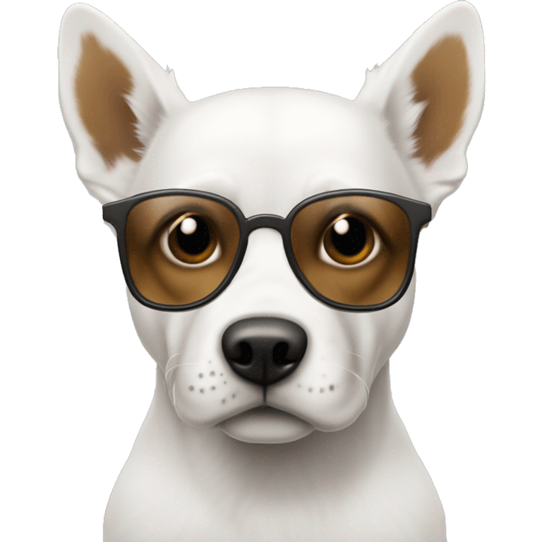 Perro blanco con manchas marrones claras con gafas de sol y un zumo emoji