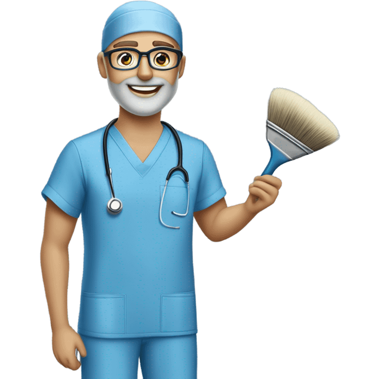 male blond doctor in scrub cap with grey van dyke beard with hazel eyes and small wire-rimmed glasses in blue scrubs holding a large paintbrush emoji