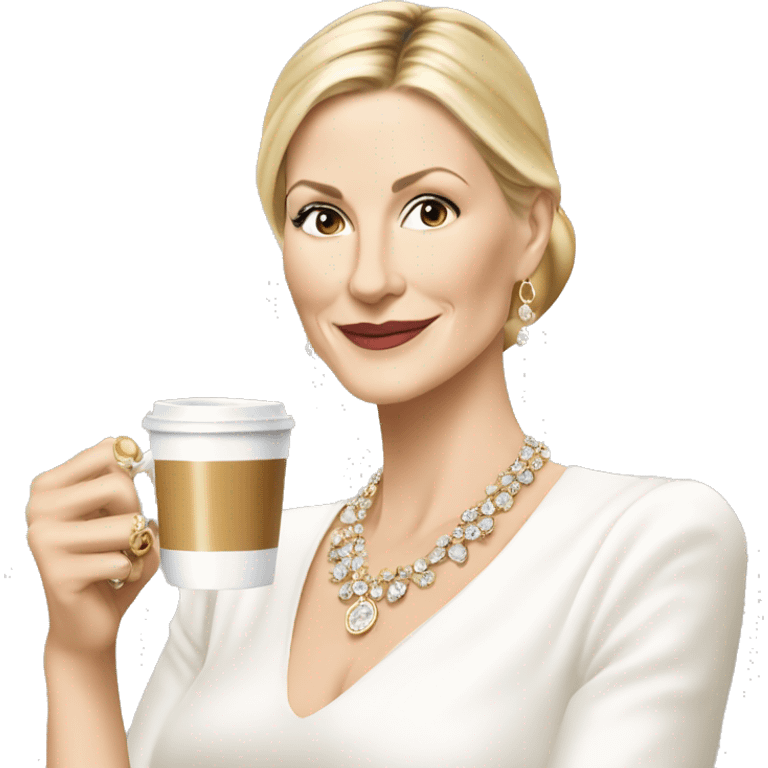 Kelly Rutherford with jewellery wearing white drinking cappucino emoji