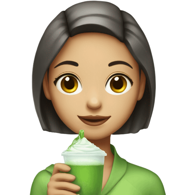 Pretty girl holding a glass cup of iced matcha  emoji