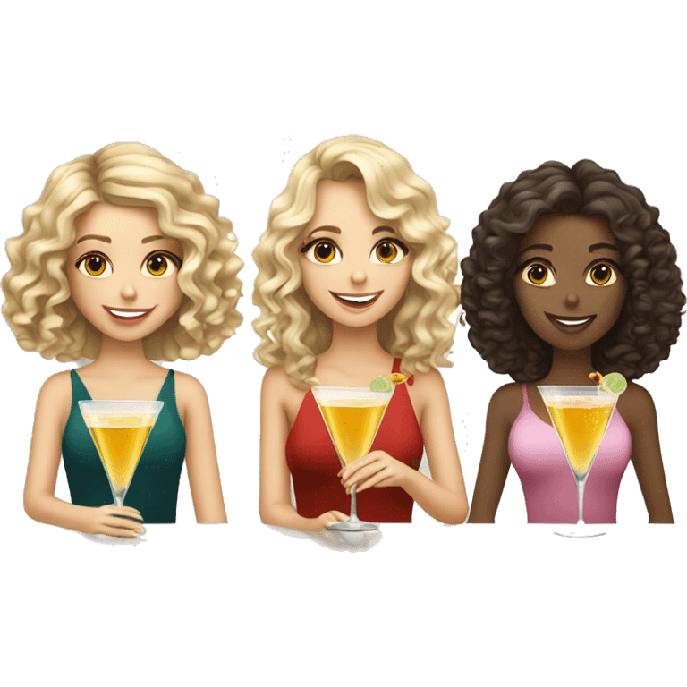 Brunette girl, blonde curly haired girl, blonde straight haired girl drinking martinis emoji