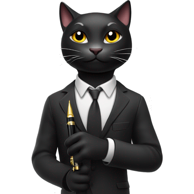 A black, excited male cat with a sleek, cool vibe, holding a large fountain pen with a big smile and bright eyes emoji