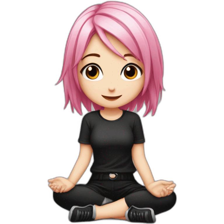 Full body Front view curvy emo girl pink hair sits on the floor straight view hands up black skirt белые трусики полосатые рваные чулки emoji