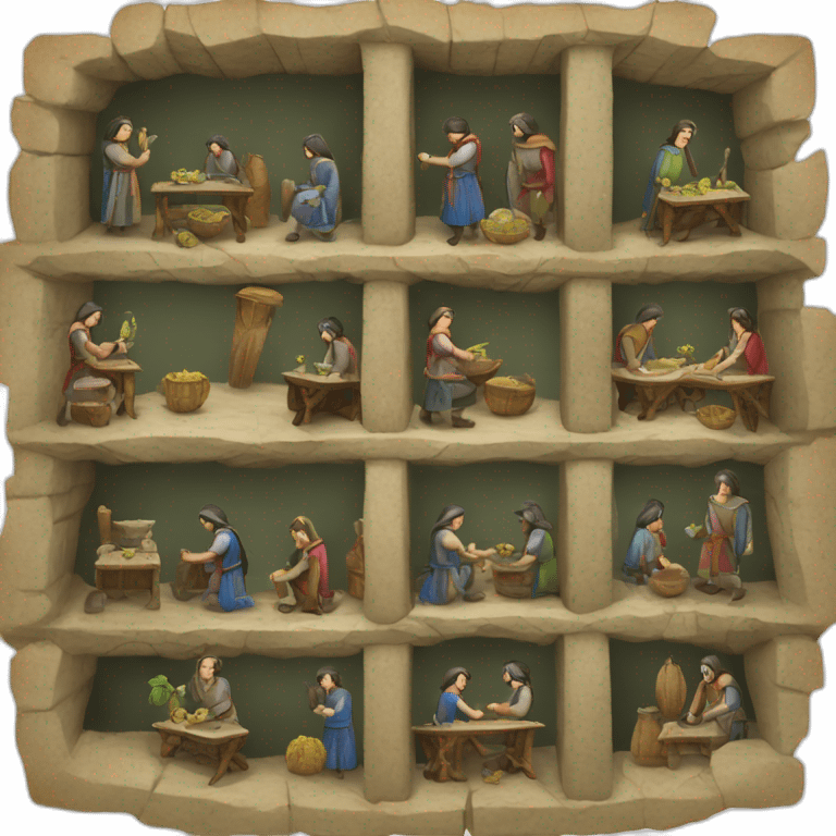 inside of a medieval mint showing different people working emoji