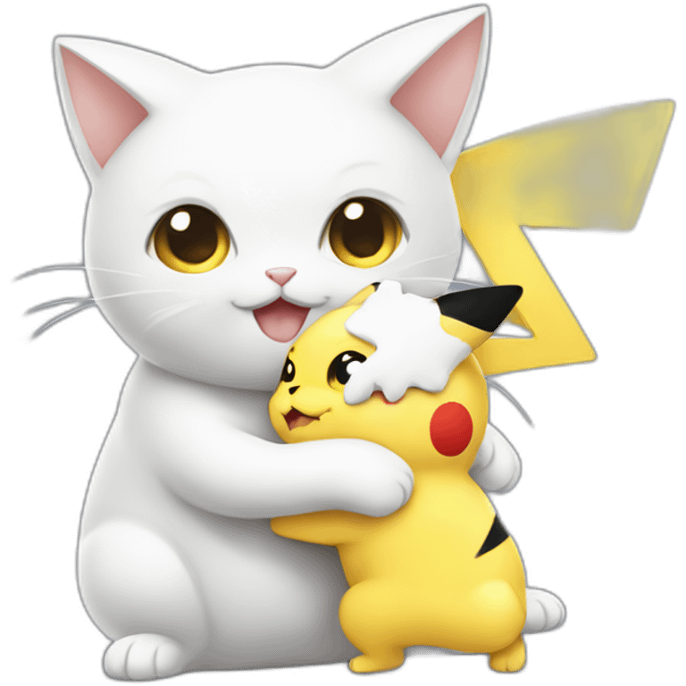 white cat and pikachu hug emoji