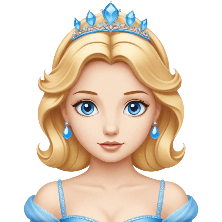 Cinematic Realistic Comical Cinderella Portrait, with every detail rendered realistically—from the soft, smooth texture of her fair skin to her artfully styled golden-blonde hair. Her bright blue eyes are wide with playful disbelief, and her expression carries a touch of whimsical humor while retaining elegant poise. Her classic ball gown, detailed with rich fabric textures and natural shadows, catches the light in a way that blends refined beauty with a hint of cheeky mischief, creating a striking, lifelike portrayal. emoji