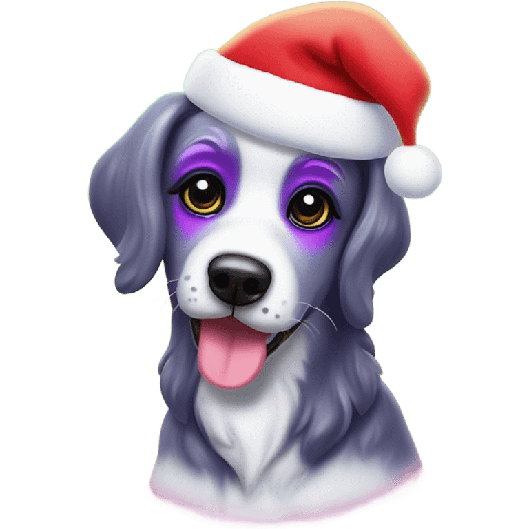 Lisa frank Christmas sparkle￼ dog with Santa hat emoji