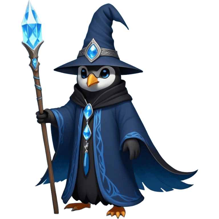 A mysterious penguin mage with sleek midnight-blue feathers, wearing a flowing black robe adorned with silver runes. A tall, pointed wizard hat sits slightly tilted on his head, the brim casting a shadow over his glowing icy-blue eyes. His flipper clutches an ancient wooden staff topped with a swirling crystal, radiating a soft, cold light. Snowflakes drift around him as he stands on a frozen cliff, his aura crackling with arcane energy, ready to summon a blizzard with a flick of his staff. emoji