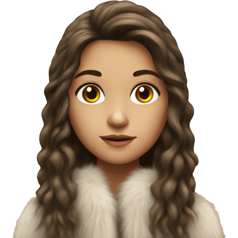 Realistic pretty Spanish girl with long hair with fur coat no smile emoji