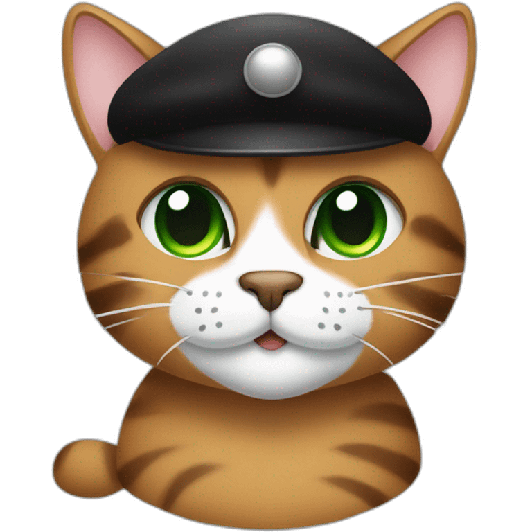 Brown cat with black stripes and white mustache and the contour of the white mouth and green eyes with a brush pencil and a black beret and a color palette emoji