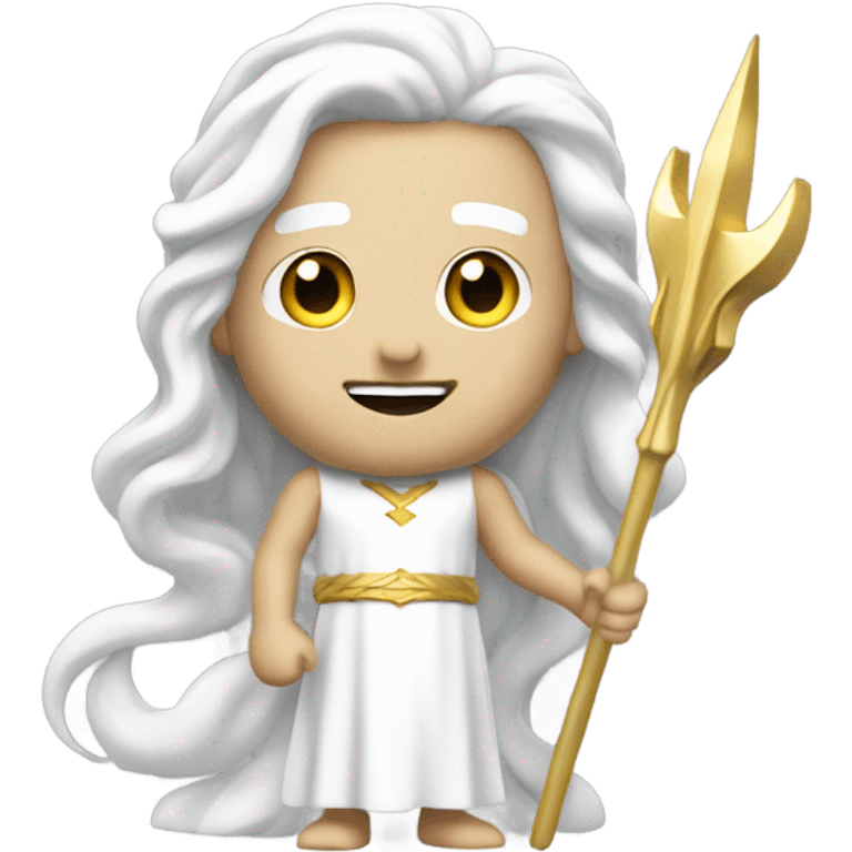 white Poseidon with gold Trident. long white hair white dress. wink eye emoji