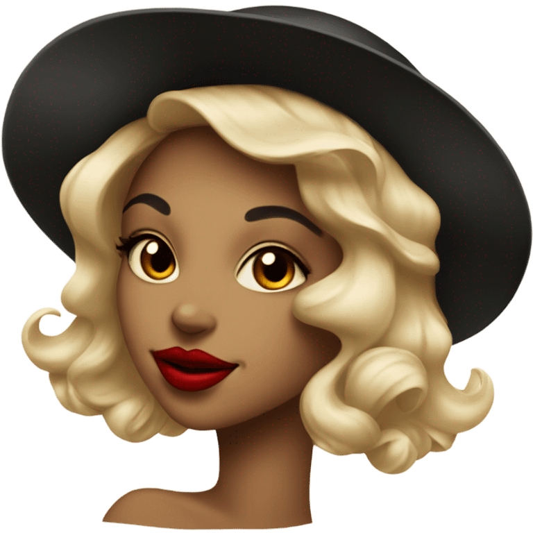 beautiful vintage girl in a hat black with red lipstick emoji