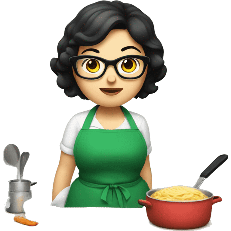 chubby lady with black hair green apron  with glasses cooking  emoji