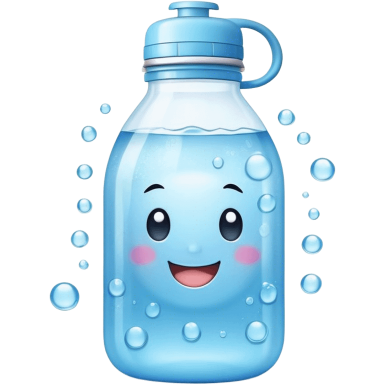 Cute Kawaii Water Bottle, round and bubbly, soft blue with tiny water droplets around, a happy smiling face, gentle glowing highlights, fresh and refreshing vibes! emoji