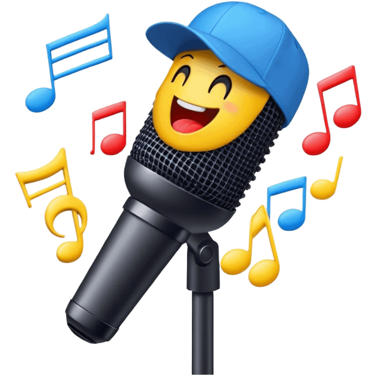 Create a dynamic and energetic emoji that represents beatboxing. The design should feature a microphone with a singing mouth and soundwaves or rhythmic beats emanating from it, symbolizing the vocal percussion and rhythm of beatboxing. Add a cap placed on top of the microphone to reflect street culture and the individuality of the performer. Include musical notes floating around to emphasize the musicality. Use bold, vibrant colors like neon blue, red, and yellow to convey energy and excitement. The background should be transparent. emoji