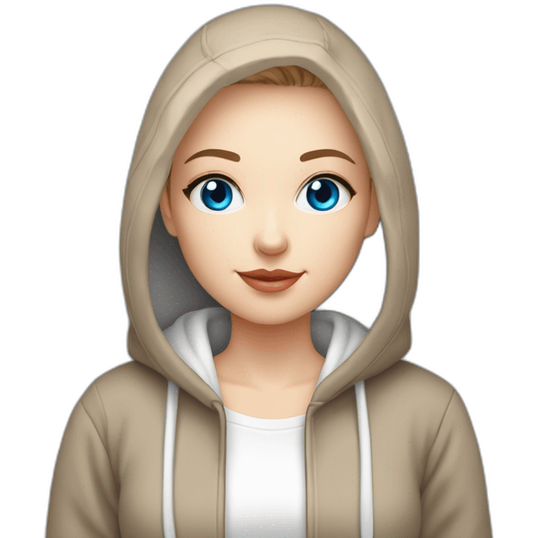 beautiful girl with computer,blue eyes,beautiful girl with short hair with computer,blue eyes,white skin, makeup, hoodie,short light-brown hair,p emoji