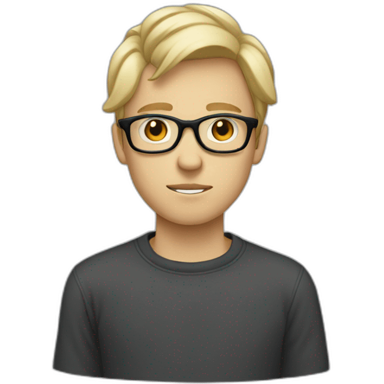 thin white teenager with blond hair.  He is cross-eyed and wears black glasses.  he has a triangular shaped head.  he's also wearing a gray sweater emoji