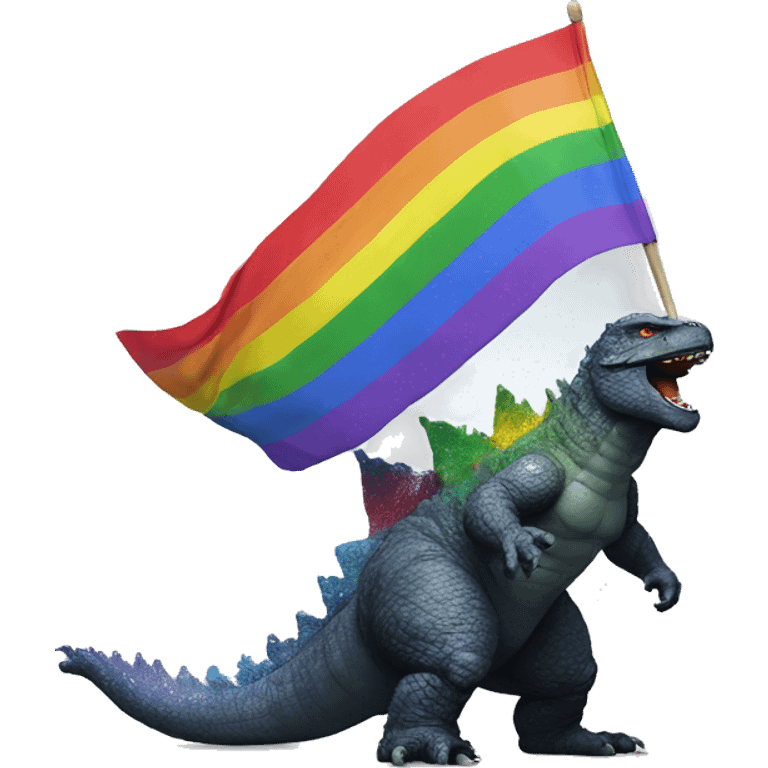 Godzilla playing with a rainbow flag emoji