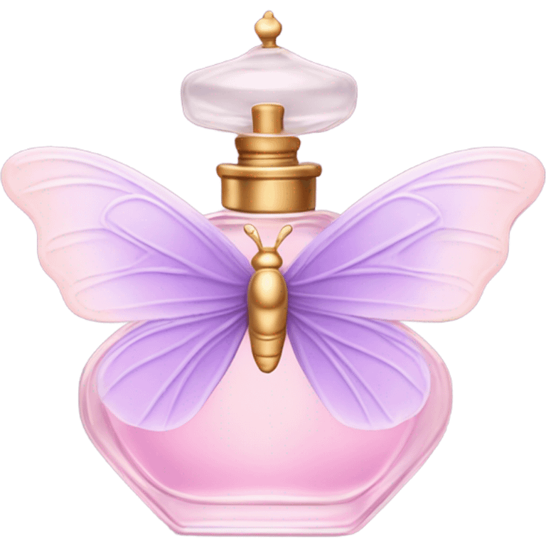 A dreamy vintage perfume bottle in soft pastel pink, adorned with delicate violet butterfly wings. emoji