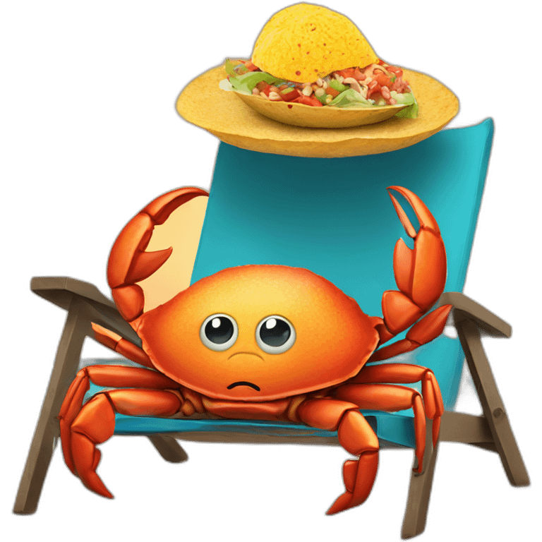 huge crab with huge taco, lying together in a chair at the beach emoji