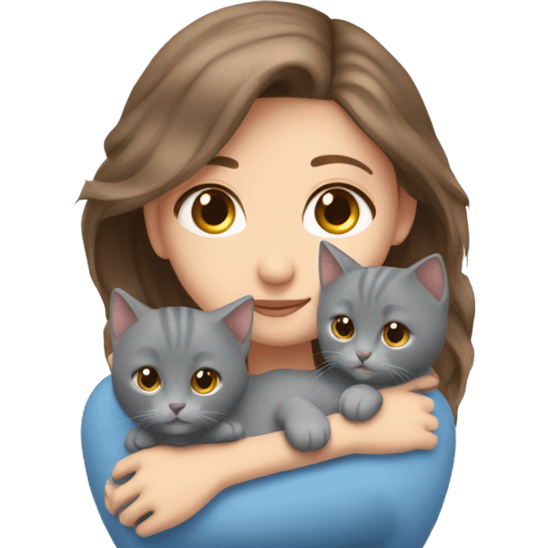 blue eyes grey kitten with two brown hair girls hugs emoji