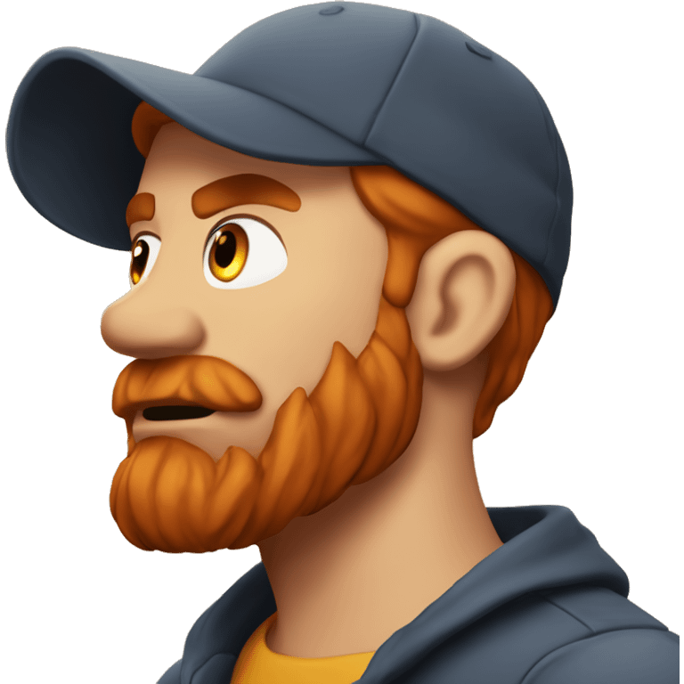 red haired man with beard and an earring, wearing a cap, who looks grumpy and angry, squinting emoji