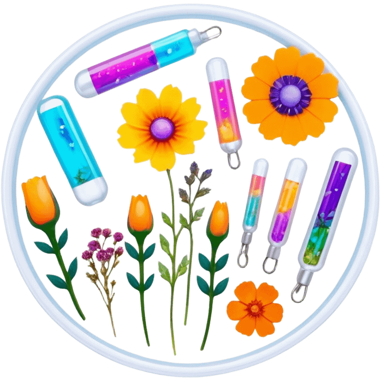 Epoxy resin art icon, jewelry and decorative items made with fluorescent epoxy resin, glowing effect on the resin, finished resin jewelry with dried flowers embedded inside, visible tubes of resin with bright colors, mixing tools, and molds, minimalistic style, clean lines, transparent background emoji