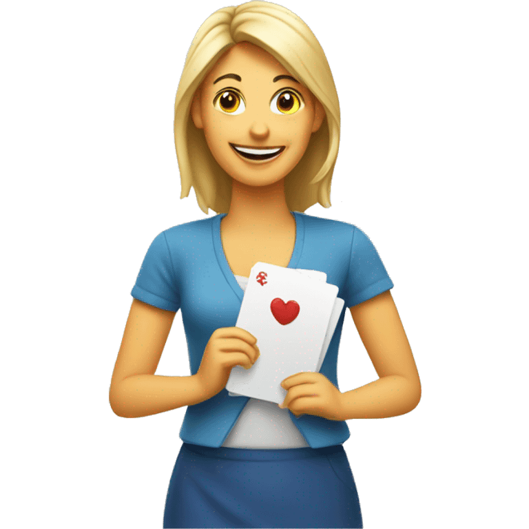 a happy woman holding a ton card maker emoji