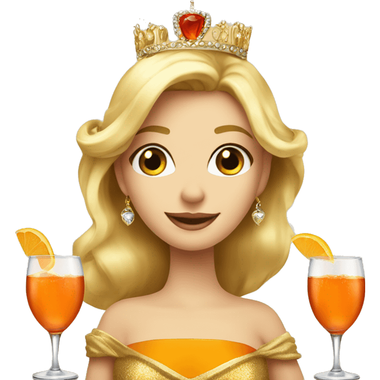 beautiful blond princess with crown in a golden dress drinking aperol emoji